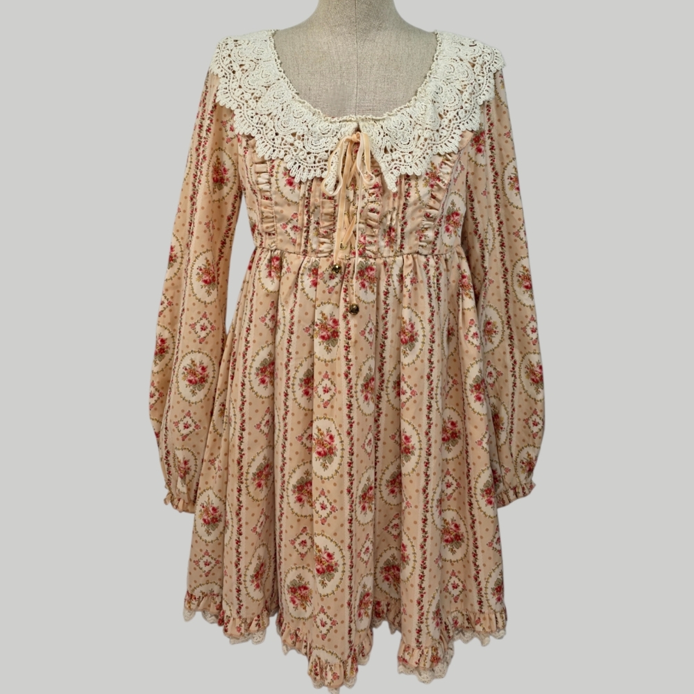 Liz Lisa Japan Himekaji Floral Lace Collar Mini Dress Long Sleeve Peach XS-S 0
